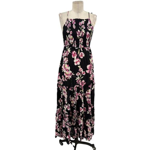 Free People Garden Party Maxi Dress Black Pink Floral Print Smocked Size XS - Picture 2 of 14